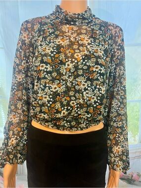 Free People Green Floral Sheer Mock Neck Blouse